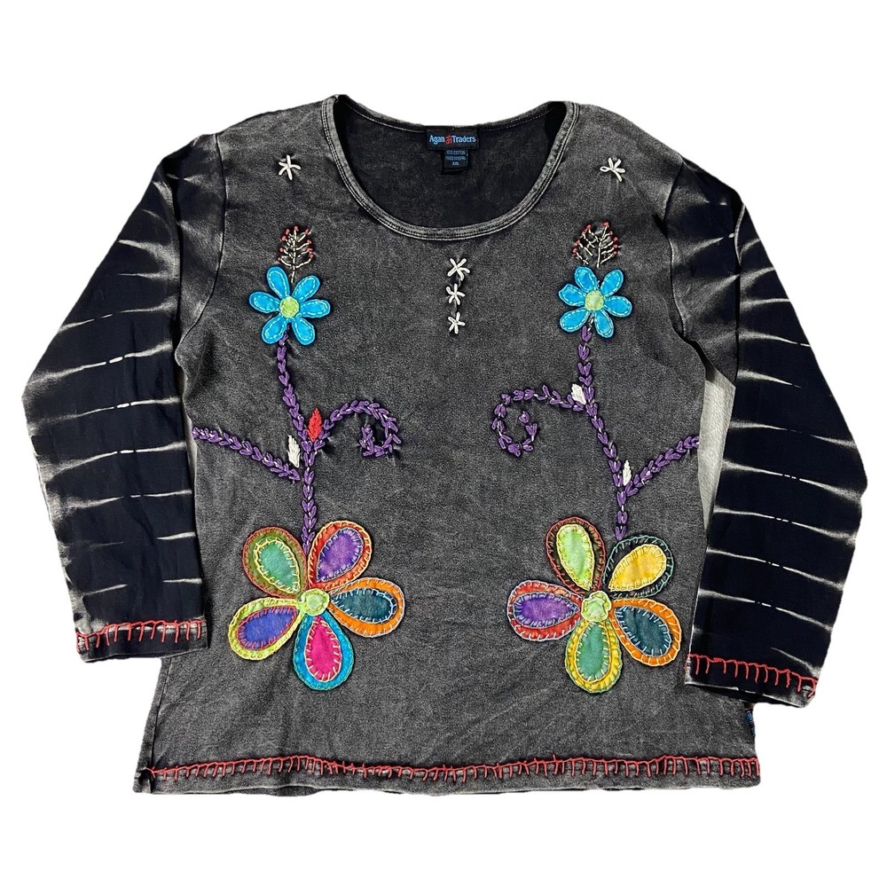 Agan Traders Long Sleeve Scoop Neck Floral Embroidered Appliquéd Tee Black 2XL